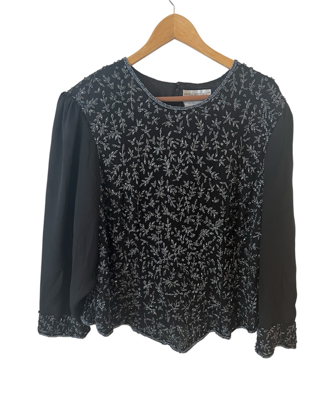 Papell Boutique Evening Black Sheer Silk Shell Floral Beaded Blouse Sz:3X